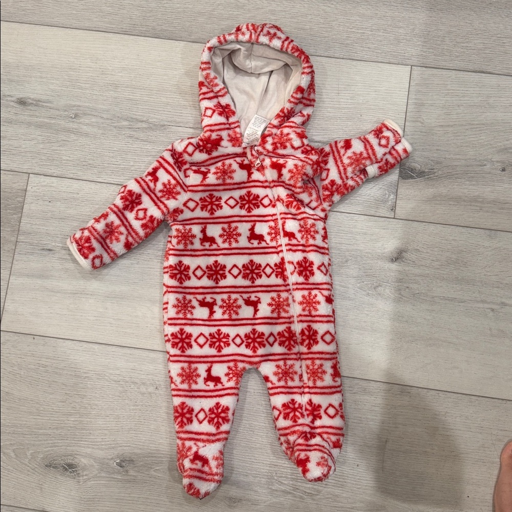 Red and White Reindeer Baby cozy warm suit with Hood 0-3 Months